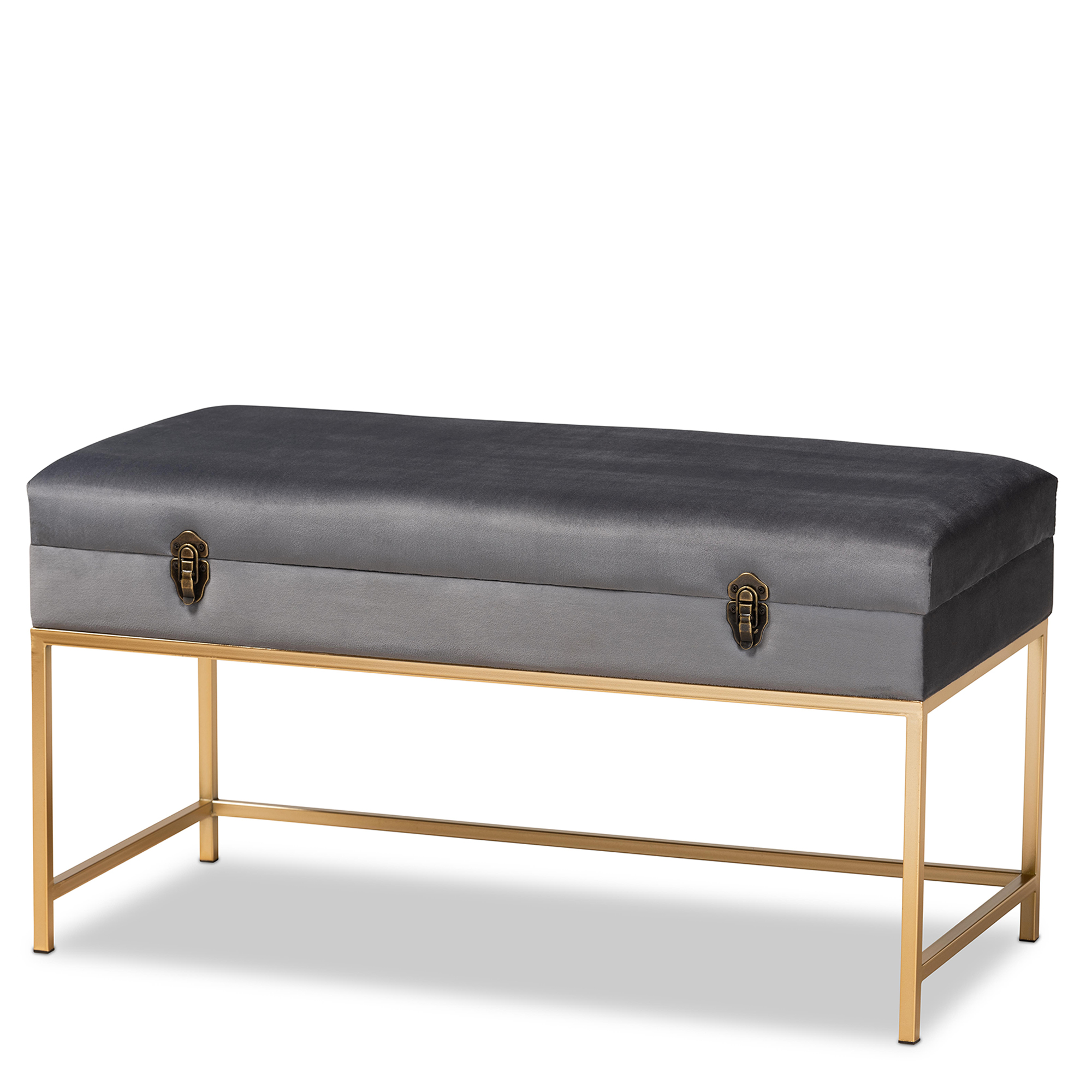 Baxton Studio Aliana Glam and Luxe Grey Velvet Fabric Upholstered and Gold Finished Metal Large Storage Ottoman